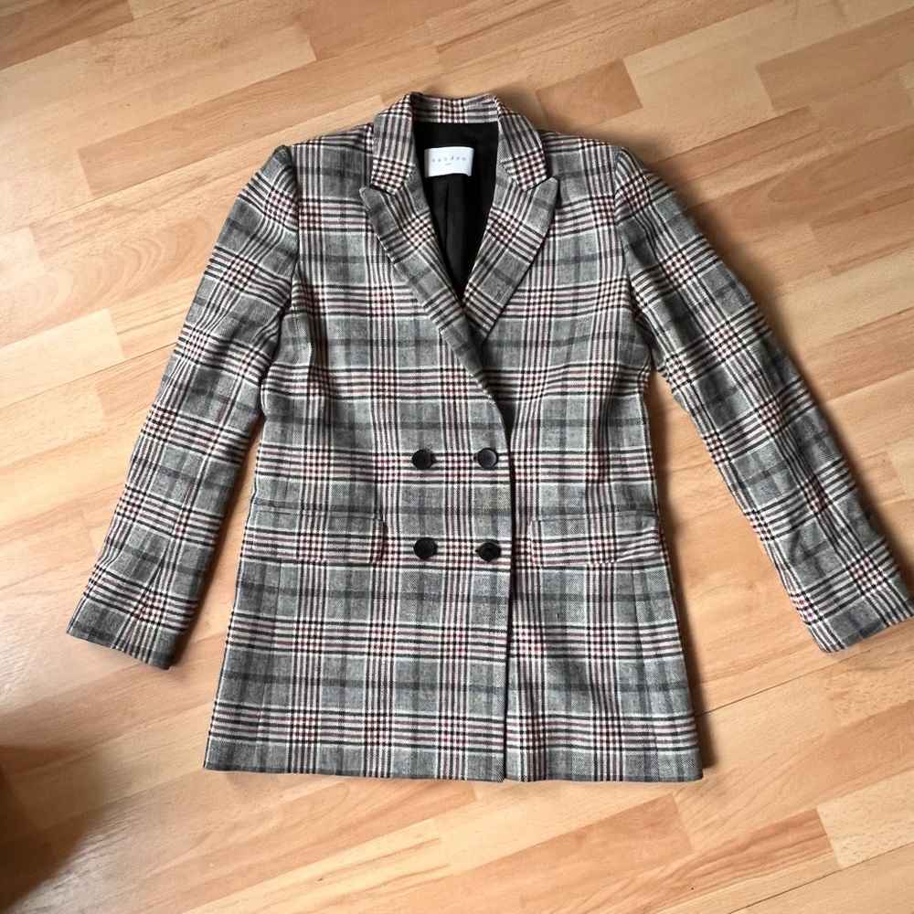 Sandro Gray Cream Rust Checked Double-Breasted 80% wool Blend Blazer